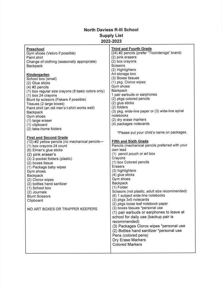 School Supply List North Daviess RIII School District